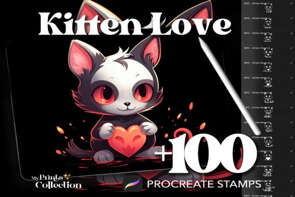 100 Procreate Kitten Heart Stamps
